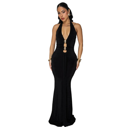 XYZ C7599 backless halter deep V dress