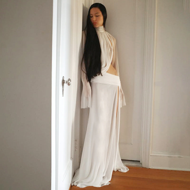 SXR winter see-through turtleneck bell sleeve top split dress suit