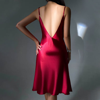 DNL split suspender skirt mid-length silk nightdress women's artificial silk backless suspender pajamas