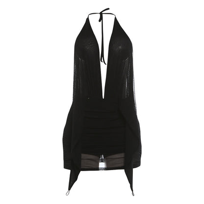 SXR 2026 spring sexy deep V halter backless hip-wrapped short mesh dress