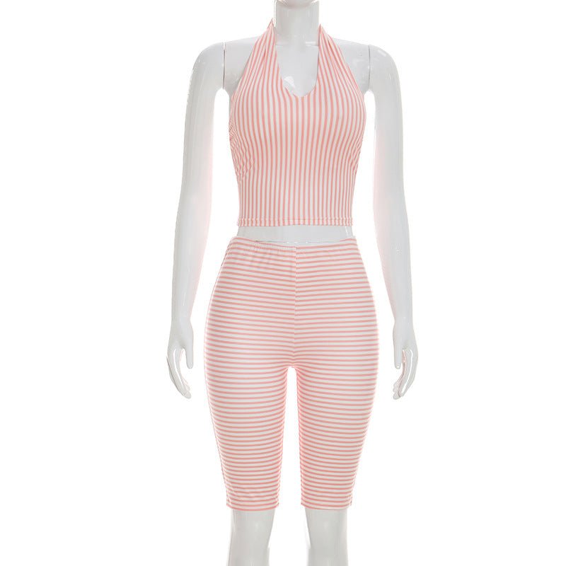 DZHT Y26ST116 striped printed halter lace-up sling skinny knee length pants two-piece suit