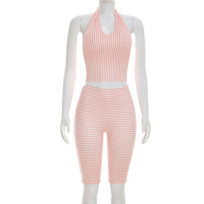 DZHT Y26ST116 striped printed halter lace-up sling skinny knee length pants two-piece suit