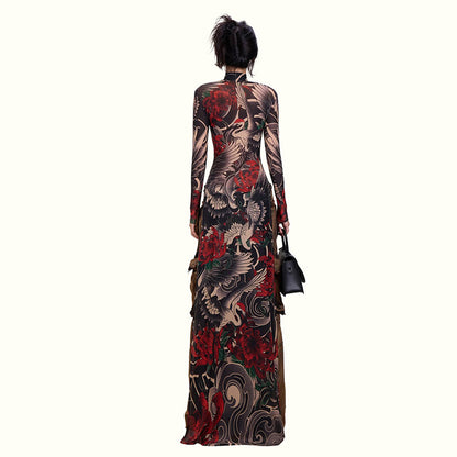 DLS Spring half-high collar long sleeves personalized animal pattern high slit long shirt