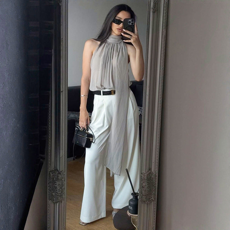 DZHT D26TP029 halter sleeveless see-through ribbon Bud elegant chiffon top