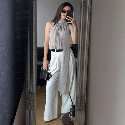 DZHT D26TP029 halter sleeveless see-through ribbon Bud elegant chiffon top