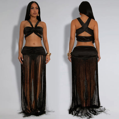XYZ C7438 shoulder strap top tassel dress two-piece set