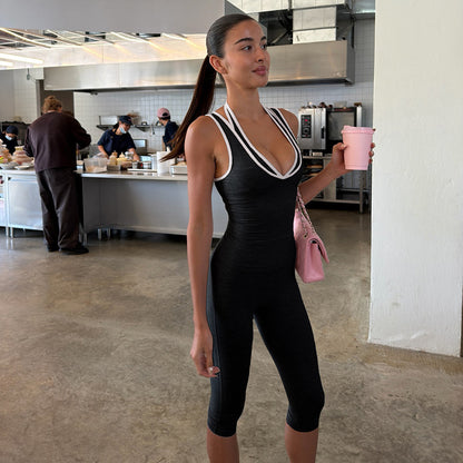 DLS summer fake two-piece sleeveless vest solid color slim fit slimming fifth pants suit