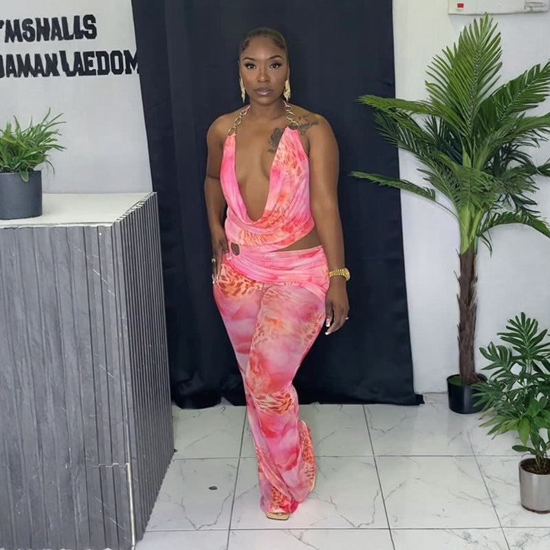 DZHT Q26JP042 summer metal halter pink tone printed backless wear jumpsuit