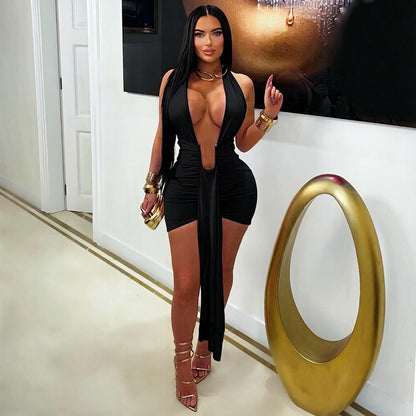 DZHT C26DS181 low collar halter strap backless sheath dress