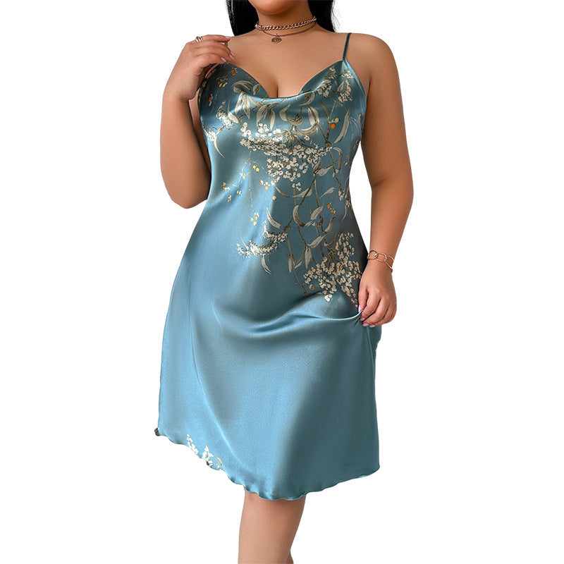 DNL plus size printed silk-like polyester suspender skirt backless pajamas