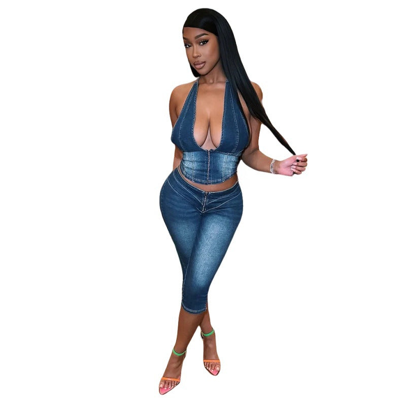 MZ (S-2XL) tube top halter lace-up denim cropped pants suit MZ88643 stretch