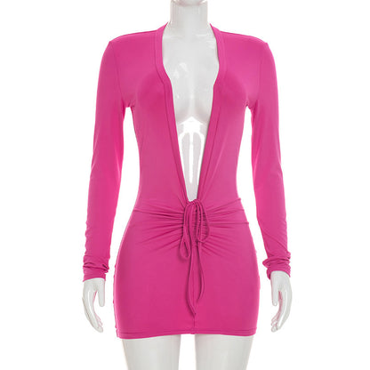 DZHT J26DS248 summer slim deep V-neck mini sheath dress