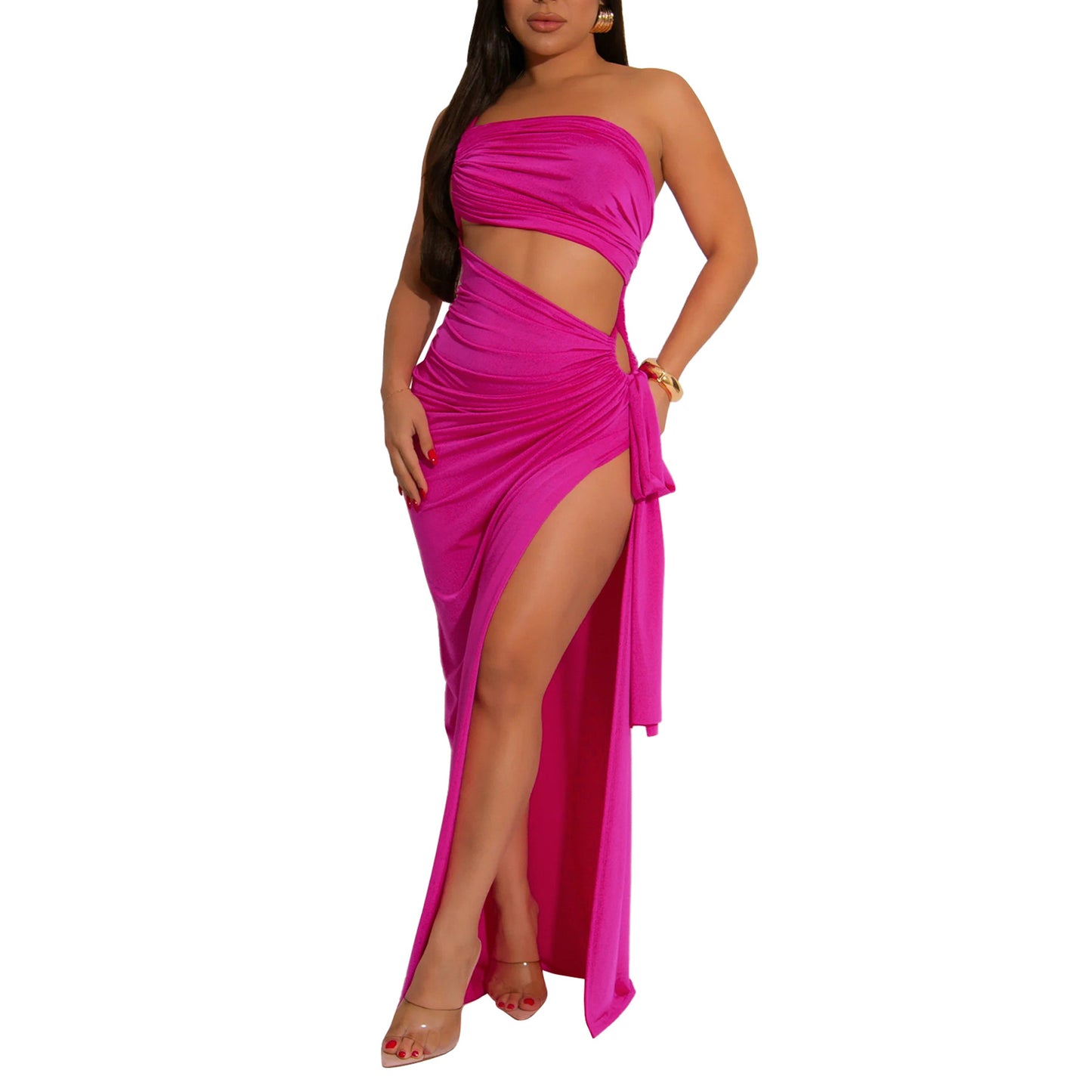 MYF (S-2XL) 20195 diagonal collar tube top split dress