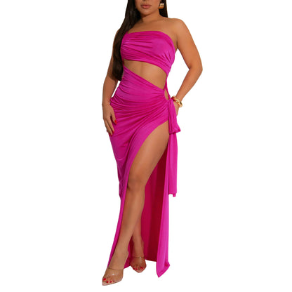 MYF (S-2XL) 20195 diagonal collar tube top split dress