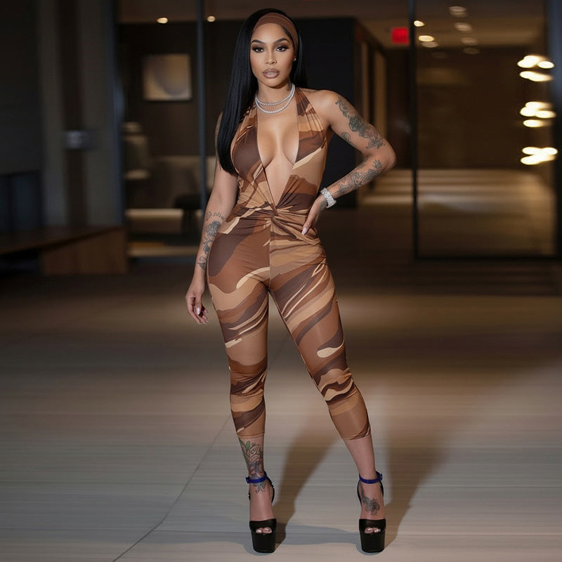 DZHT J26JP235 hair band deep V printed tight cropped jumpsuit two-piece set