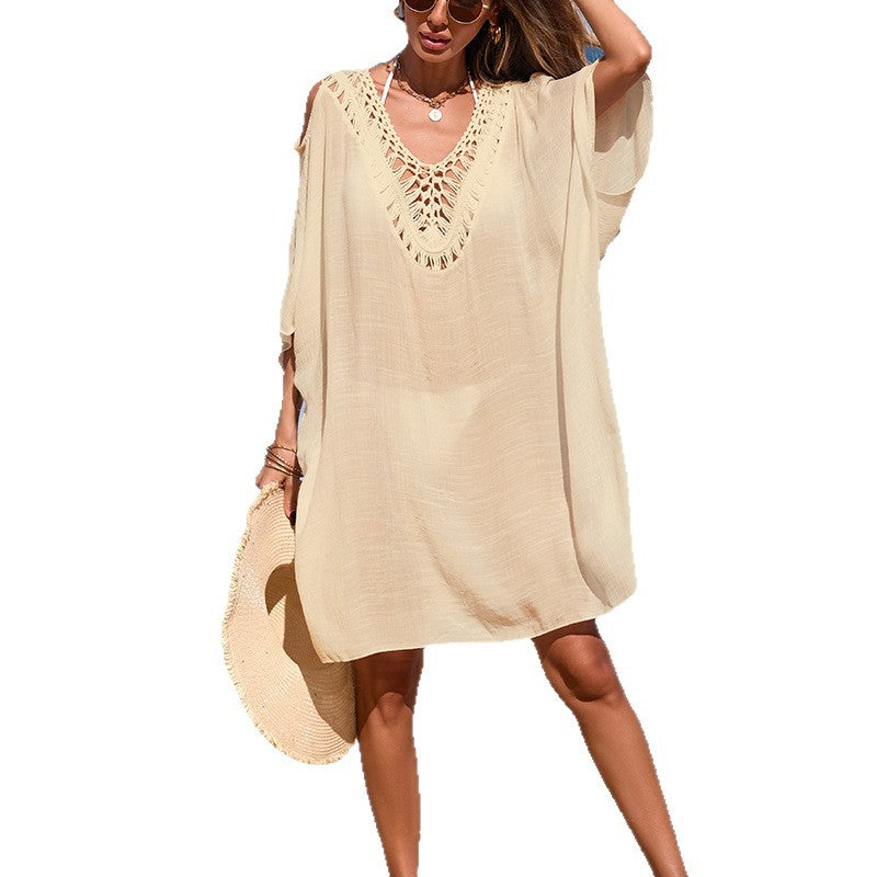 CYB loose hand crocheting V-neck patchwork medium backless lace up blouse