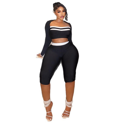 SXR K6S12414A midriff-baring long sleeve top fifth pants suit