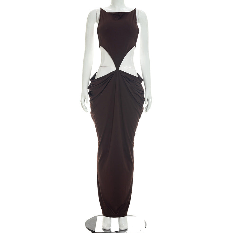 DZHT D26DS164 solid color sleeveless bare back pleated long dress
