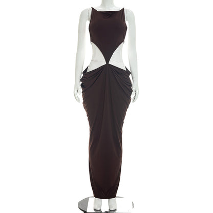 DZHT D26DS164 solid color sleeveless bare back pleated long dress