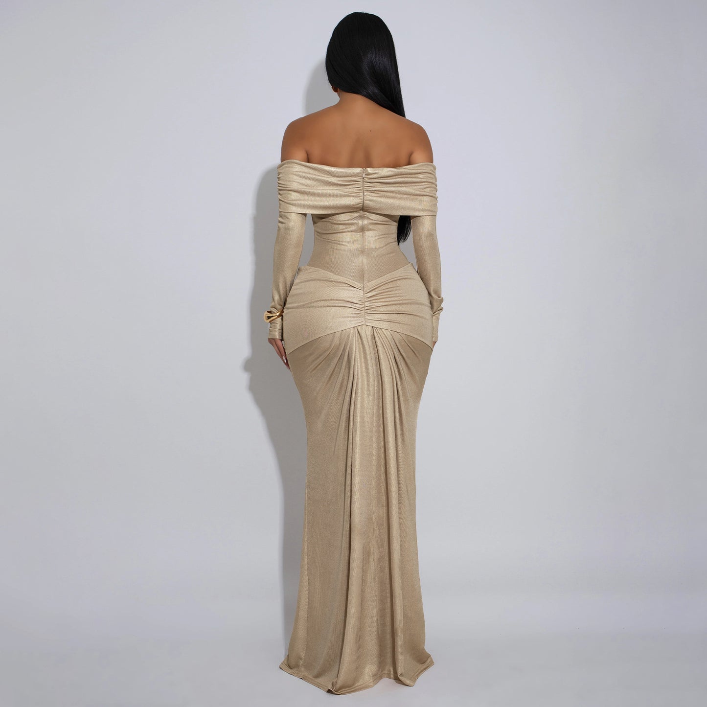 MYF (S-2XL) 10929 off-the-shoulder gown long sleeve glossy dress