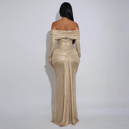 MYF (S-2XL) 10929 off-the-shoulder gown long sleeve glossy dress