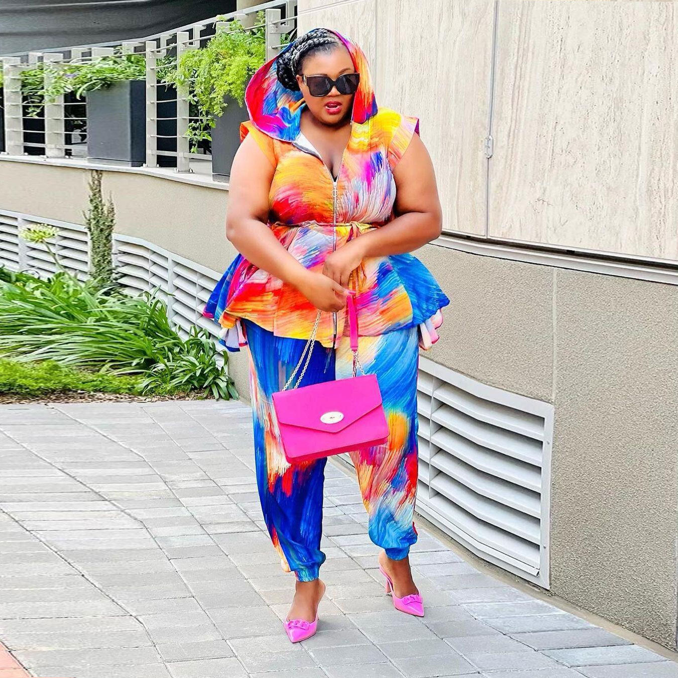 GY (2XL-5XL) SRS10438 printed hooded two-piece set