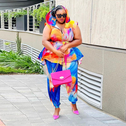 GY (2XL-5XL) SRS10438 printed hooded two-piece set