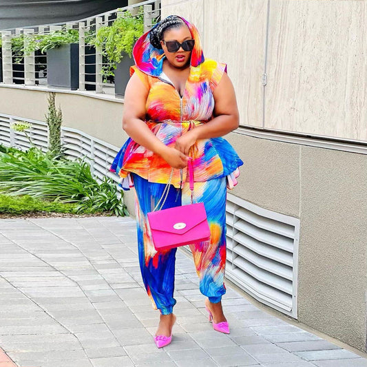 GY (2XL-5XL) SRS10438 printed hooded two-piece set