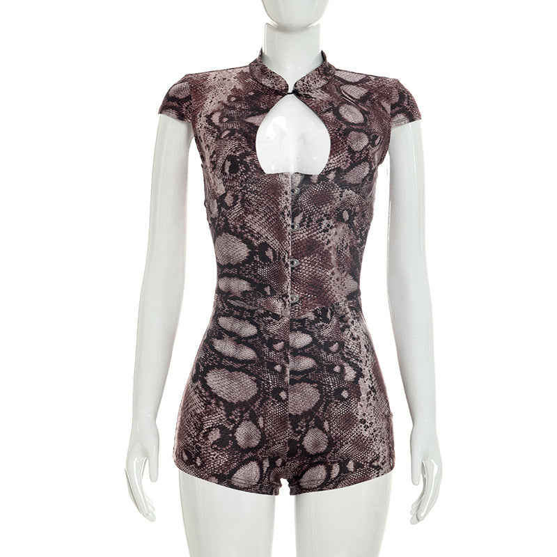 DZHT J26RP251 printed sleeveless slim front hollow Siamese shorts