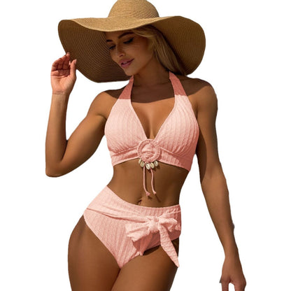 (4 days ready to ship) SY fresh shell beach special fabric high waist split swimsuit