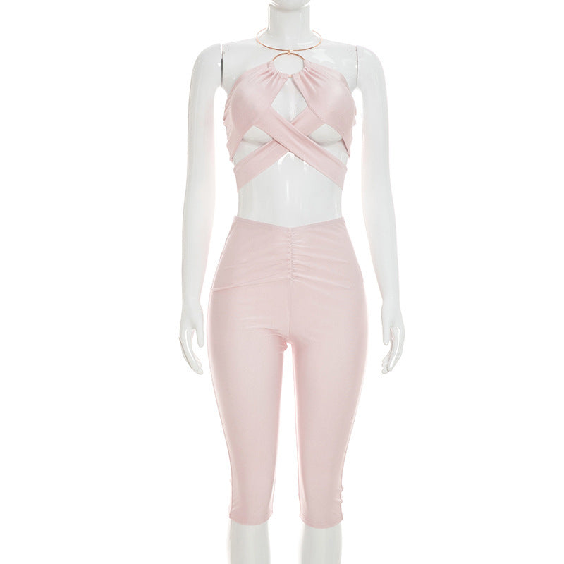 DZHT C26ST219 solid color hollow-out halter top tight cropped pants suit
