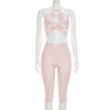 DZHT C26ST219 solid color hollow-out halter top tight cropped pants suit