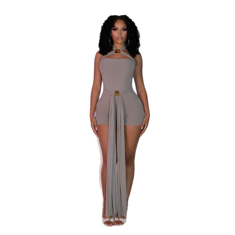 DZHT J26RP128 summer pure color tied halter slim fit ribbon one-piece shorts