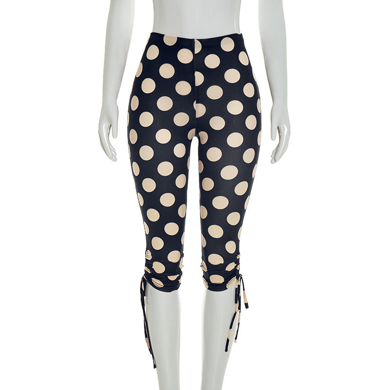 DZHT J26PT106 spring/summer polka dot trousers lace-up mid-waist tight cropped pants