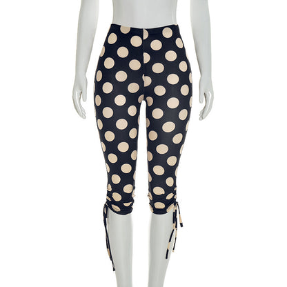 DZHT J26PT106 spring/summer polka dot trousers lace-up mid-waist tight cropped pants