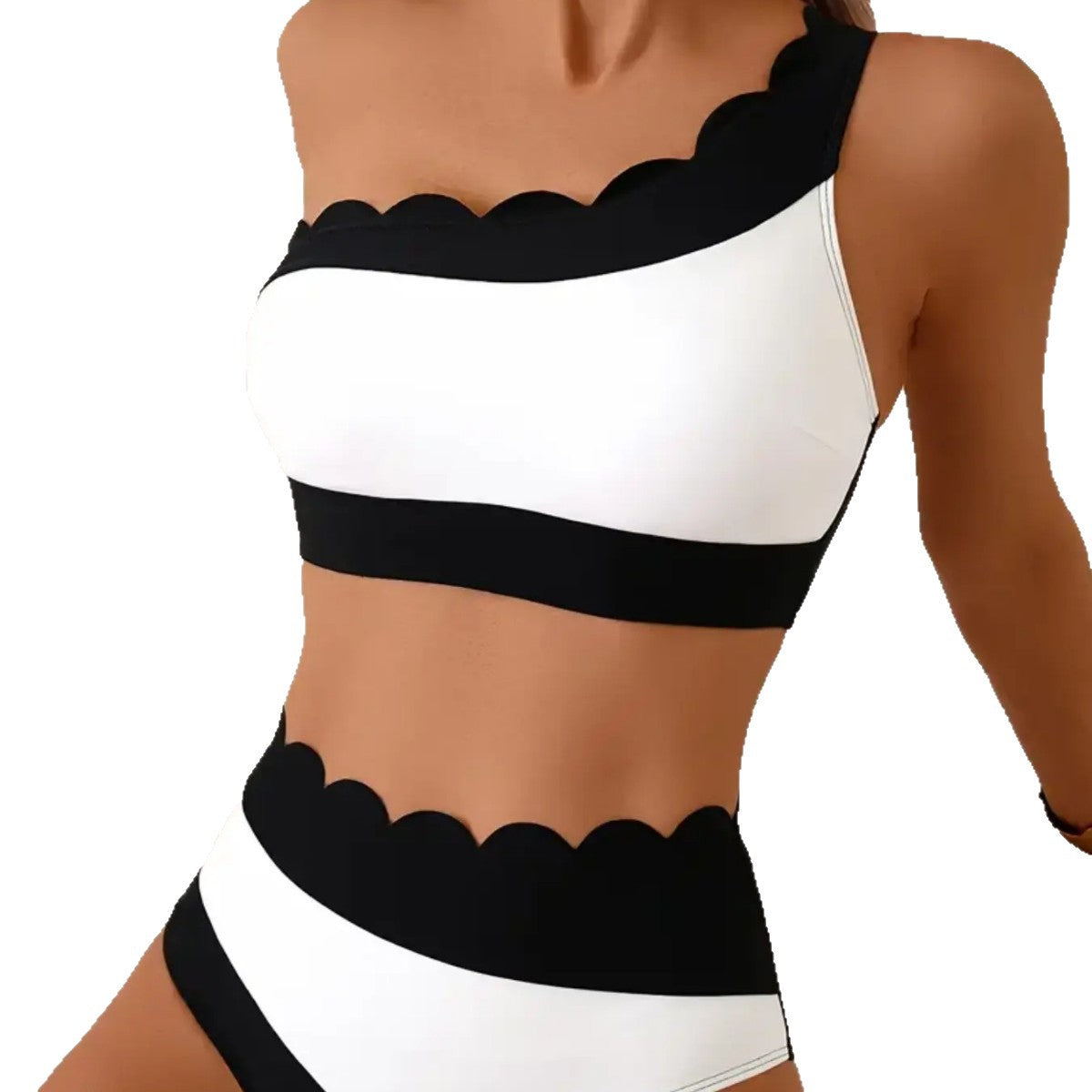 CL (S-2XL) 2026 one-shoulder split swimsuit female black and white contrast color ruffled high waist bikini