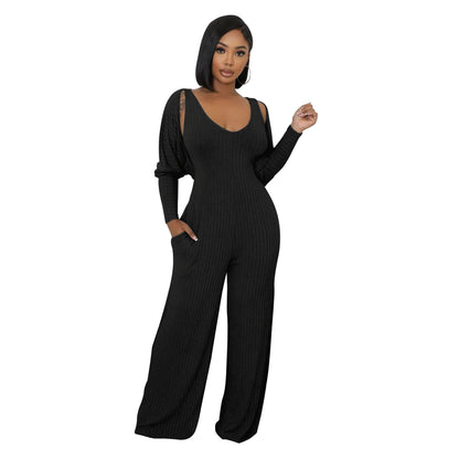 MYF (S-2XL) K10794 sunken stripe long sleeve vest jumpsuit