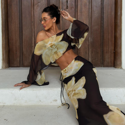 SXR autumn and winter off-shoulder midriff-baring top high waist drawstring printed skirt