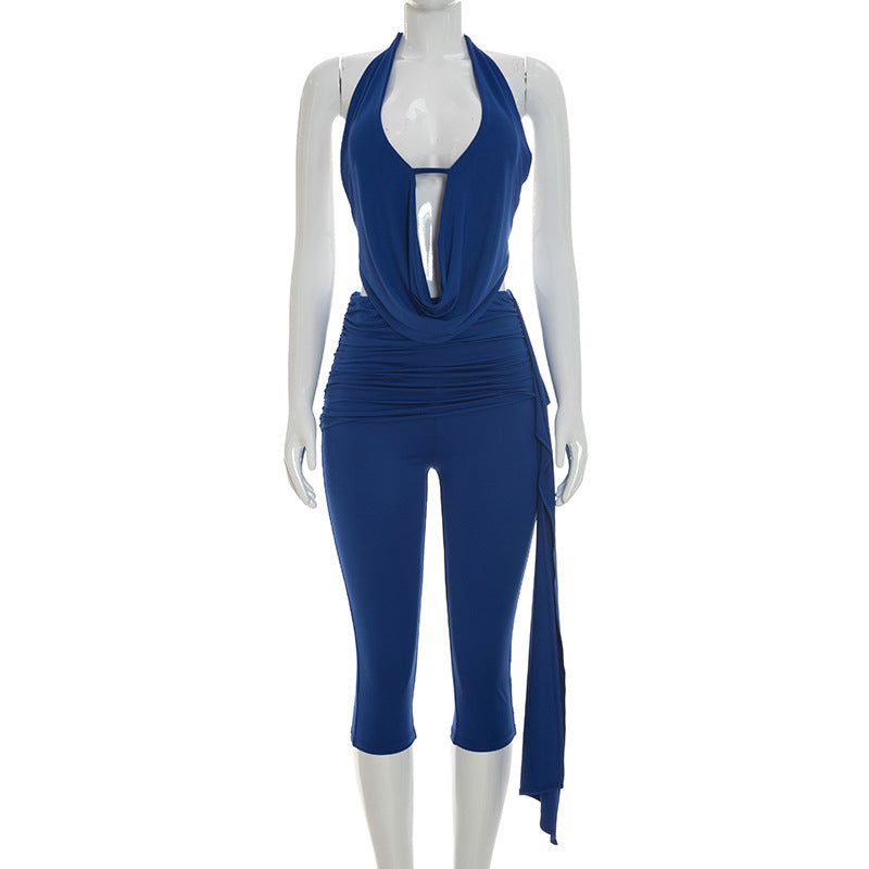 DZHT C26ST231 halter swing collar slim sleeveless backless solid color cropped pants suit