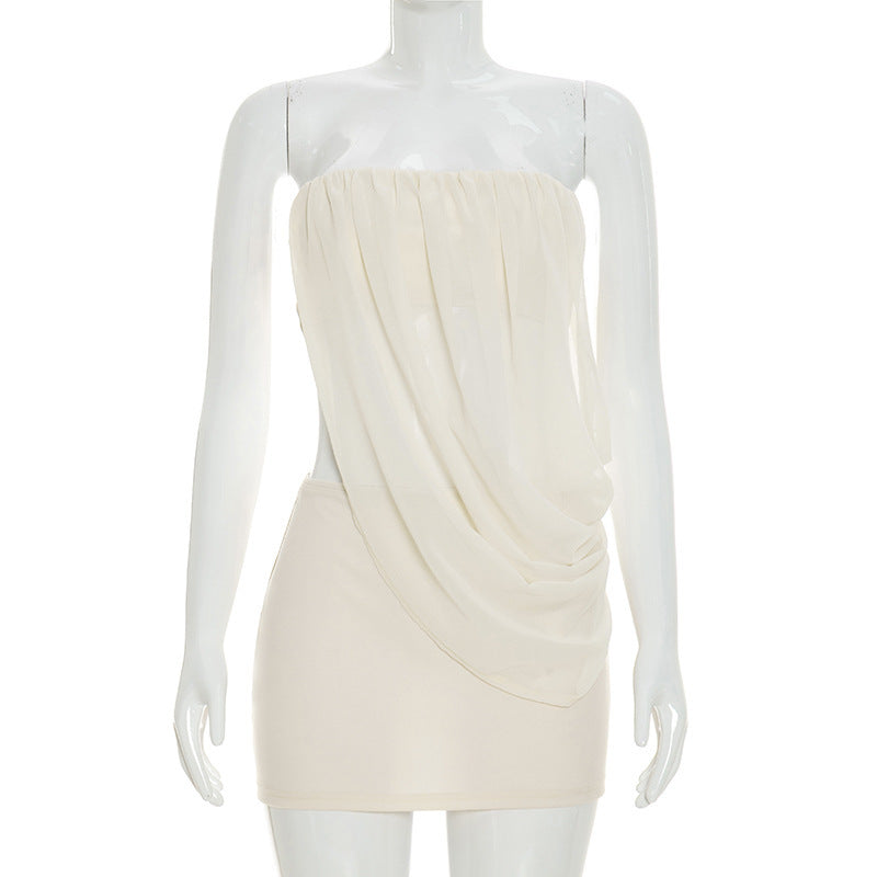 DZHT D26ST148 solid color chiffon stitching tube top top package hip skirt two-piece suit