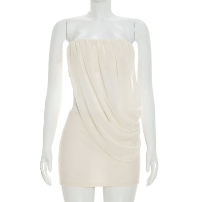 DZHT D26ST148 solid color chiffon stitching tube top top package hip skirt two-piece suit