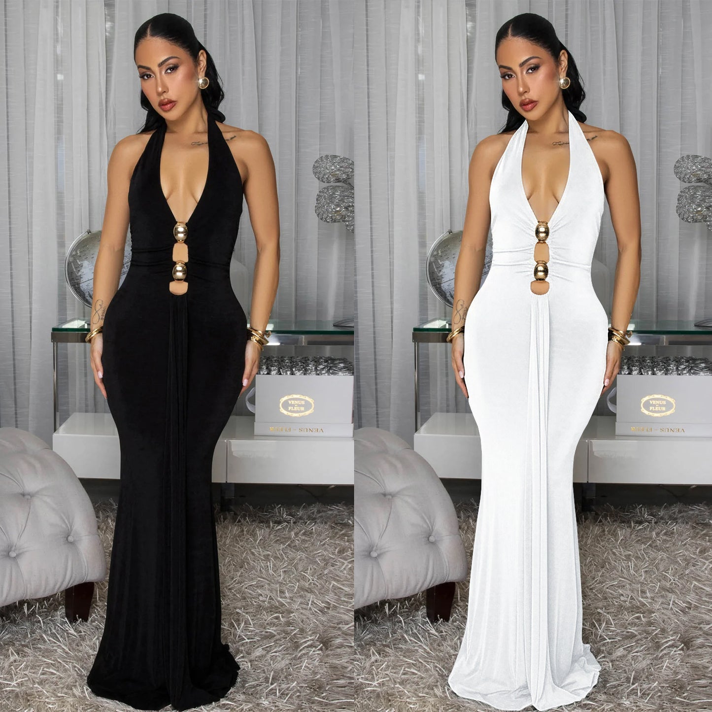 XYZ C7599 backless halter deep V dress