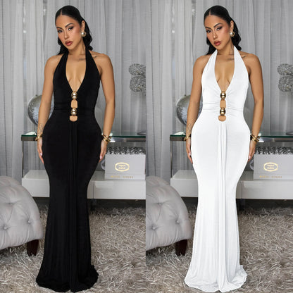 XYZ C7599 backless halter deep V dress