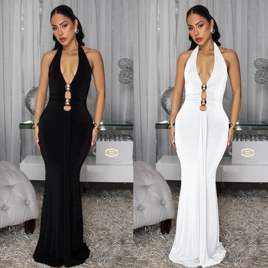 XYZ C7599 backless halter deep V dress