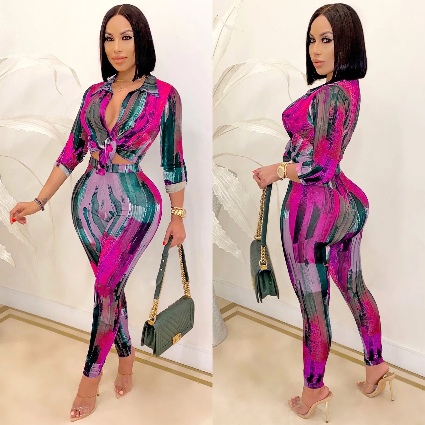 XYZ Digital printed V-neck long-sleeved trousers two-piece set