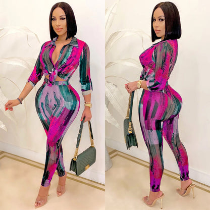 XYZ Digital printed V-neck long-sleeved trousers two-piece set