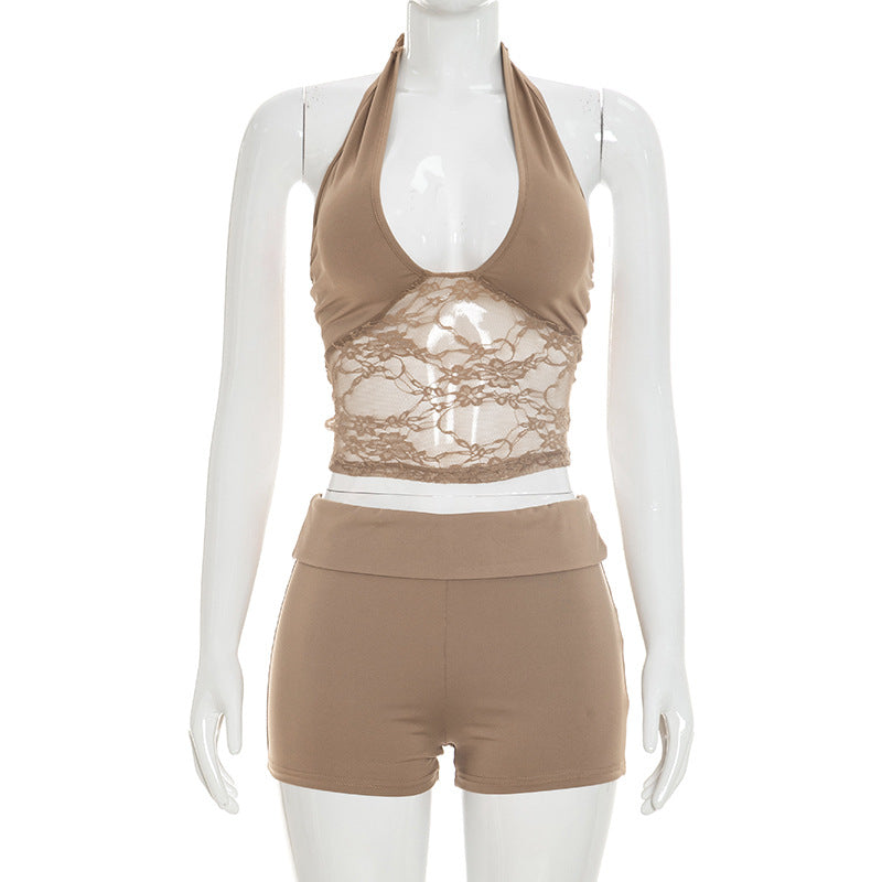 DZHT J26ST192 lace stitching halter strap backless top shorts suit