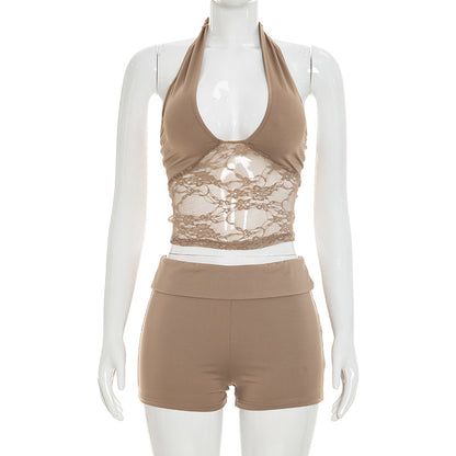 DZHT J26ST192 lace stitching halter strap backless top shorts suit