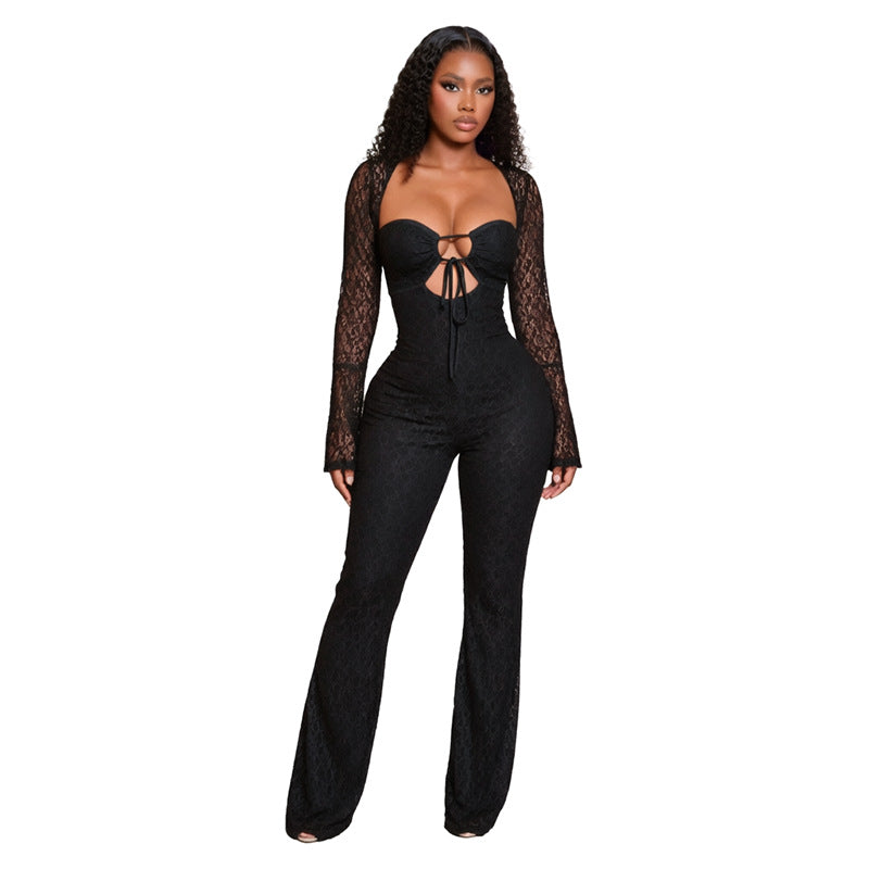 DZHT D26JP280 wrapped chest lace waist hollow drawstring long sleeve one-piece trousers