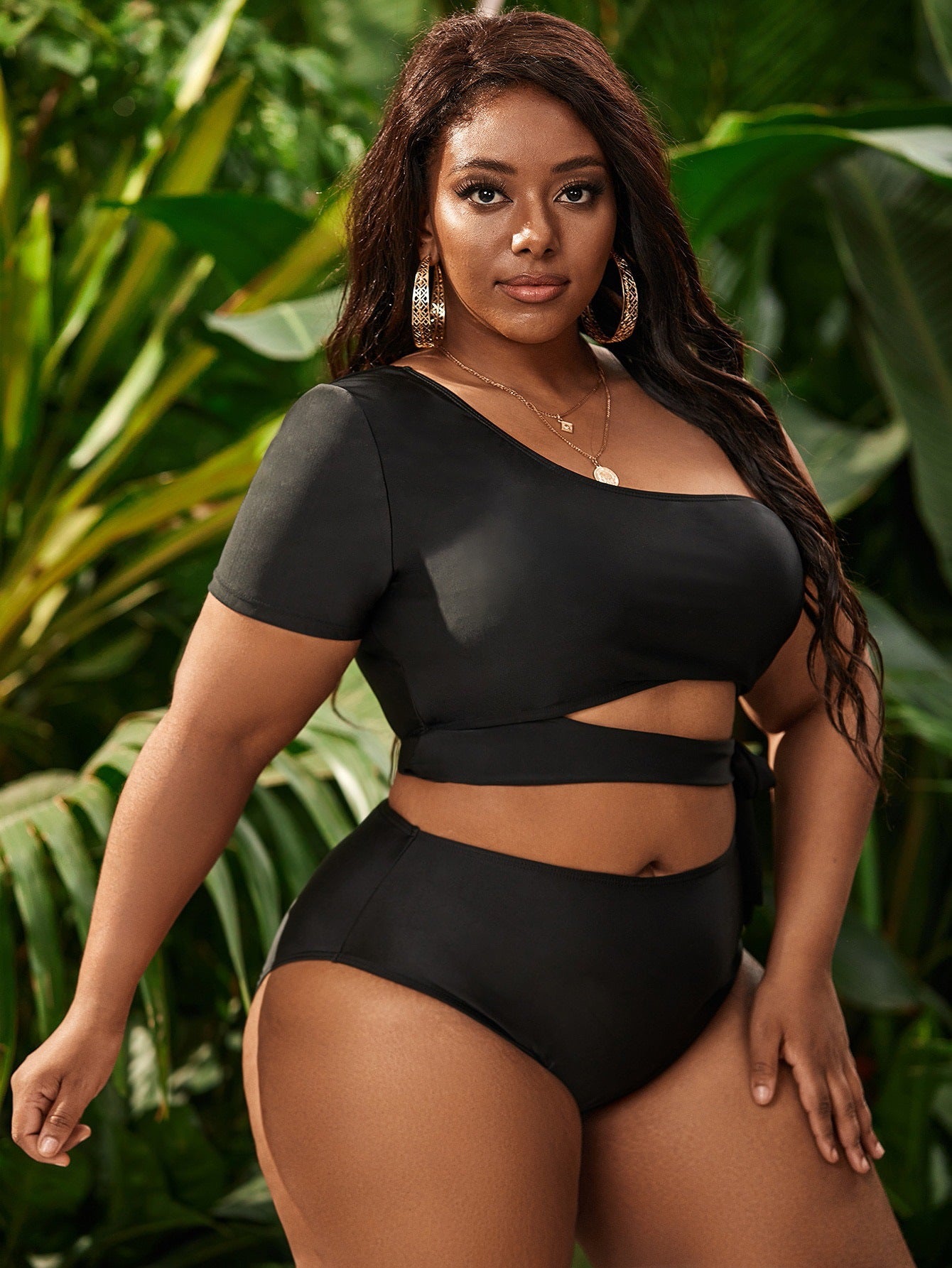 LF (L-4XL) women's split solid color black swimsuit plus size